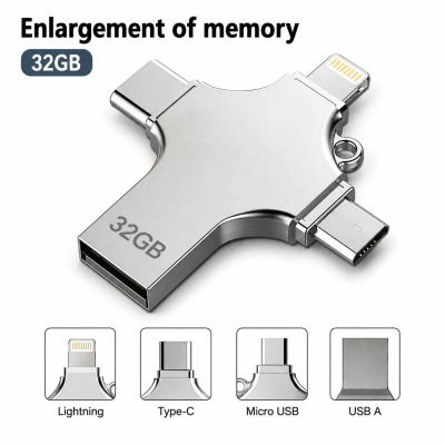 GENERALE - Clé USB 4-en-1 FlashDrive 32GB / 64GB – Connecteurs Lightning, USB-C, Micro USB & USB-A pour iOS, Android & PC