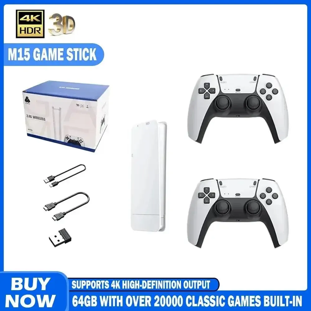 Console Rétro M15 Game Stick 4K – Plus de 20 000 Jeux Inclus, 2 Manettes Sans Fil et Sortie HD pour PS1/GBA