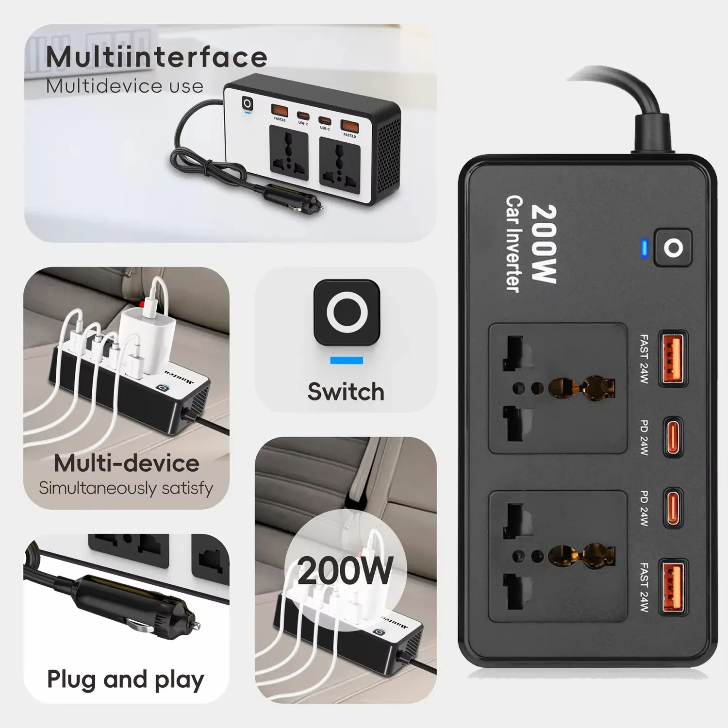 Convertisseur de Courant Voiture 200W – Adaptateur 12V/24V vers 220V avec USB-C PDimage-2