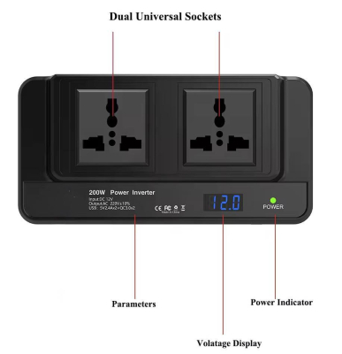 Convertisseur de Tension Voiture 200W – Transformateur 12V DC en 220V AC – Prises Universelles et USB.