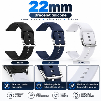 FlexBand 22 Pro – Bracelet Silicone 22 mm Universel pour Montre Connectée (Noir, Gris, Bleu Marine)