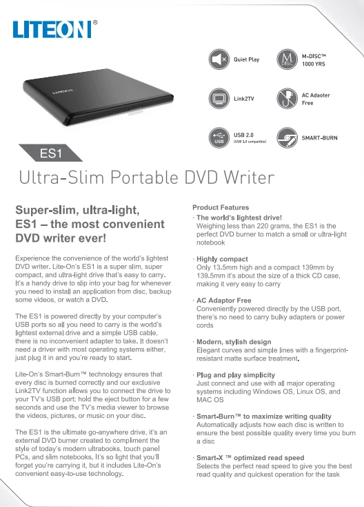Graveur DVD Externe LiteOn ES1 – Lecteur CD/DVD Ultra-Slim Portable Noir image 3