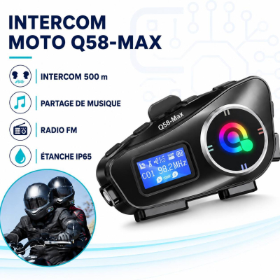 Intercom Moto Bluetooth Q58-Max – Communication 2 Motards, Partage de Musique, Radio FM & Micro SD
