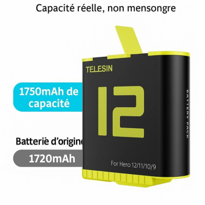 Kit Batterie TELESIN 1750 mAh Haute Capacité pour GoPro Hero 12/11/10/9 – Chargeur Rapide et Stockage Carte TF
