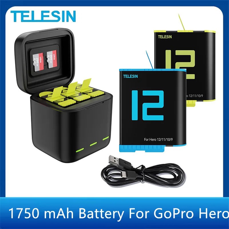 Kit Batterie TELESIN 1750 mAh Haute Capacité pour GoPro Hero 12/11/10/9 – Chargeur Rapide et Stockage Carte TF image 3