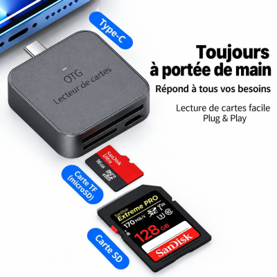 Lecteur de Carte Externe Portable 2-en-1 SD / TF – Convertisseur de Données pour iPhone, Type-C & Micro USB