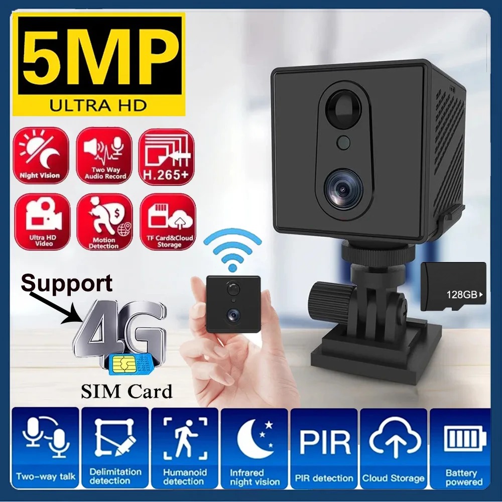Mini Caméra de Surveillance 4G SIM & WiFi 5MP – Détection Humaine & Vision Nocturne (Support jusqu'à 128 Go)