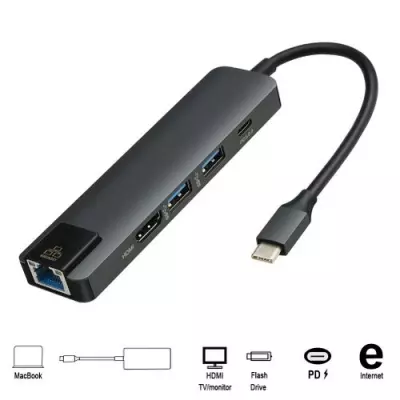 NOUVEAU 5 en 1 Hub USB de type C Hdmi PD Hub USB C vers Gigabit Ethernet  Adaptateur Rj45 Lan pour Macbook Pro Thunderbolt 3 Port de chargeur DNSHOP  