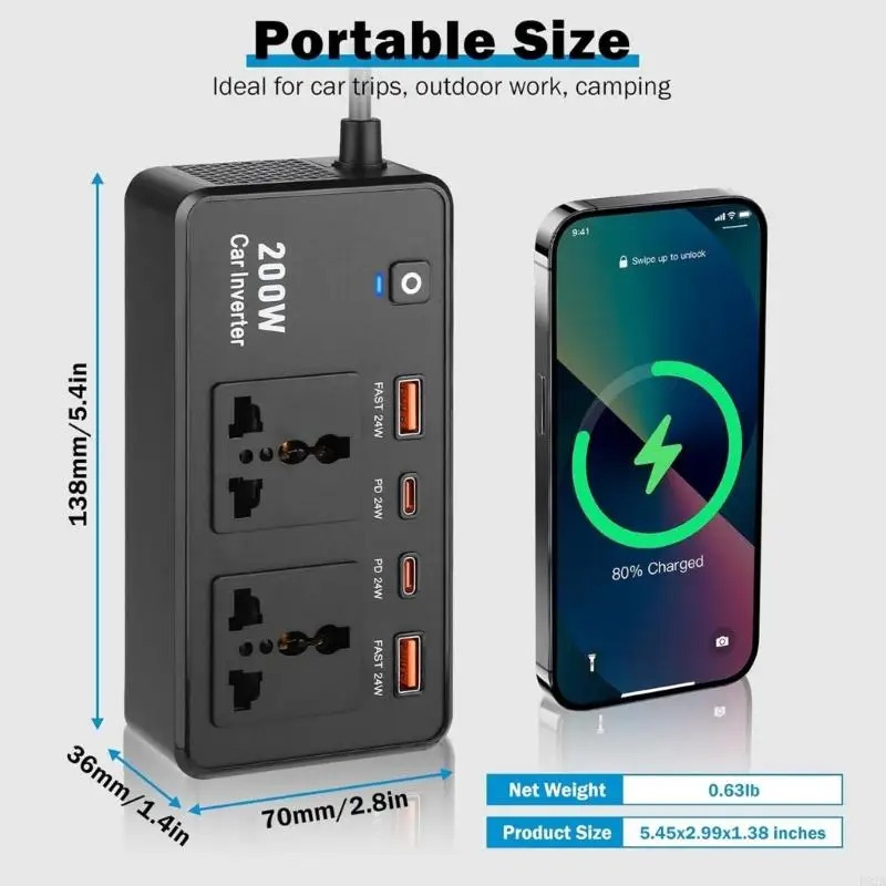 Onduleur/Inverseur de Puissance Voiture 200W – Convertisseur DC 12V vers AC 220V avec Ports USBimage-2