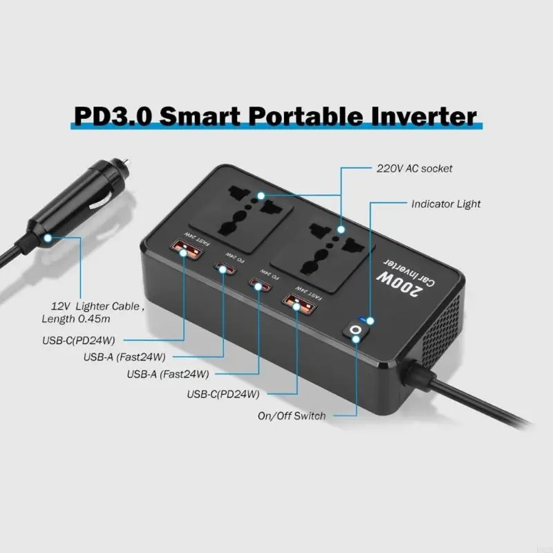 Onduleur/Inverseur de Puissance Voiture 200W – Convertisseur DC 12V vers AC 220V avec Ports USBimage 4