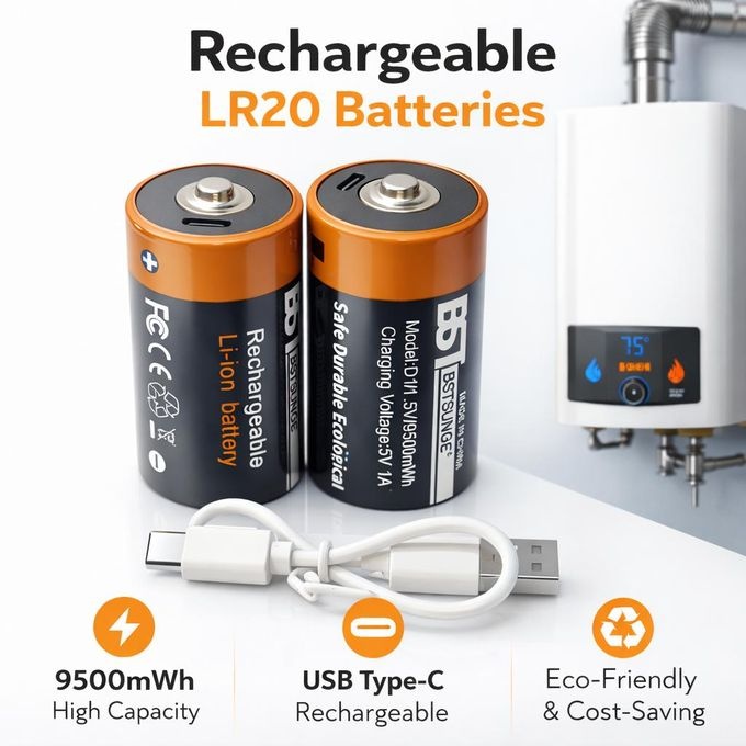 Pack 2 Piles LR20 Rechargeables USB-C – Spécial Chauffe-Eau 9500 mWh image 3