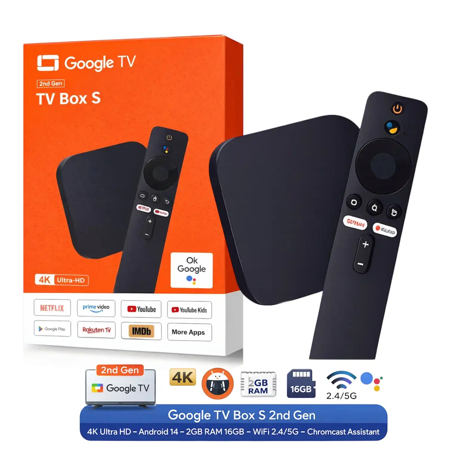 Passerelle Multimédia Google TV Box S 2nd Gen 4K – Android 14, 2GB RAM 16GB et Wi-Fi Dual Band