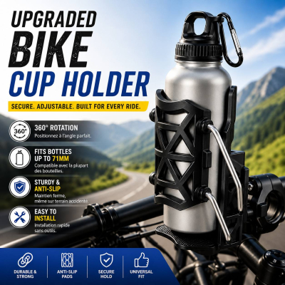Porte-Bouteille Universel Vélo et Moto – Support Rotatif 360°, Fixation Guidon & Taille Extensible