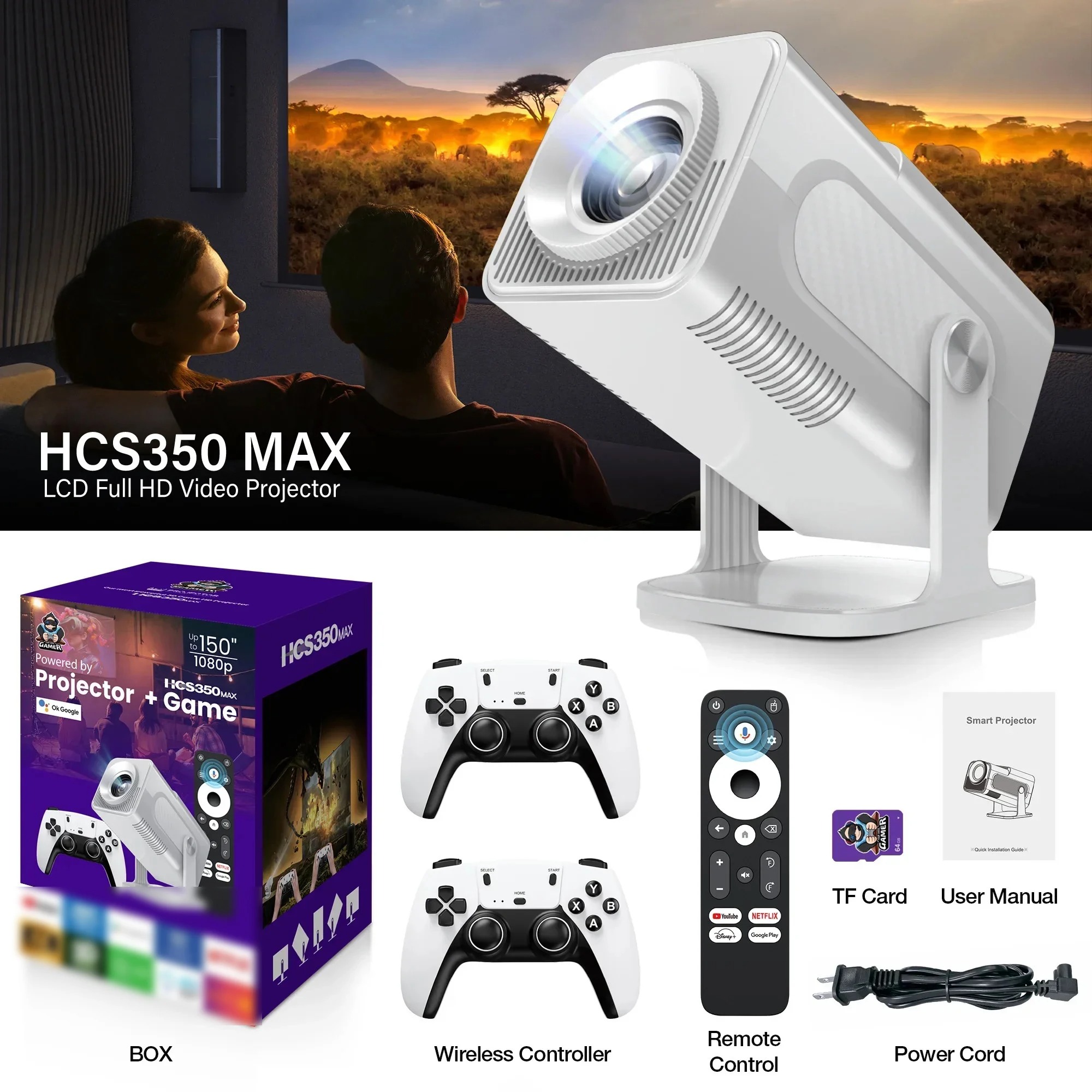 Projecteur 4K Home Cinéma HCS350MAX – Console de Jeux Portable avec Manette Sans Fil