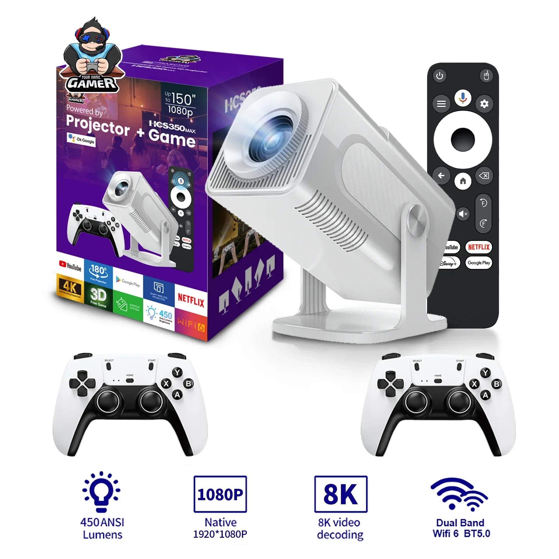 Projecteur 4K Home Cinéma HCS350MAX – Console de Jeux Portable avec Manette Sans Fil image 3