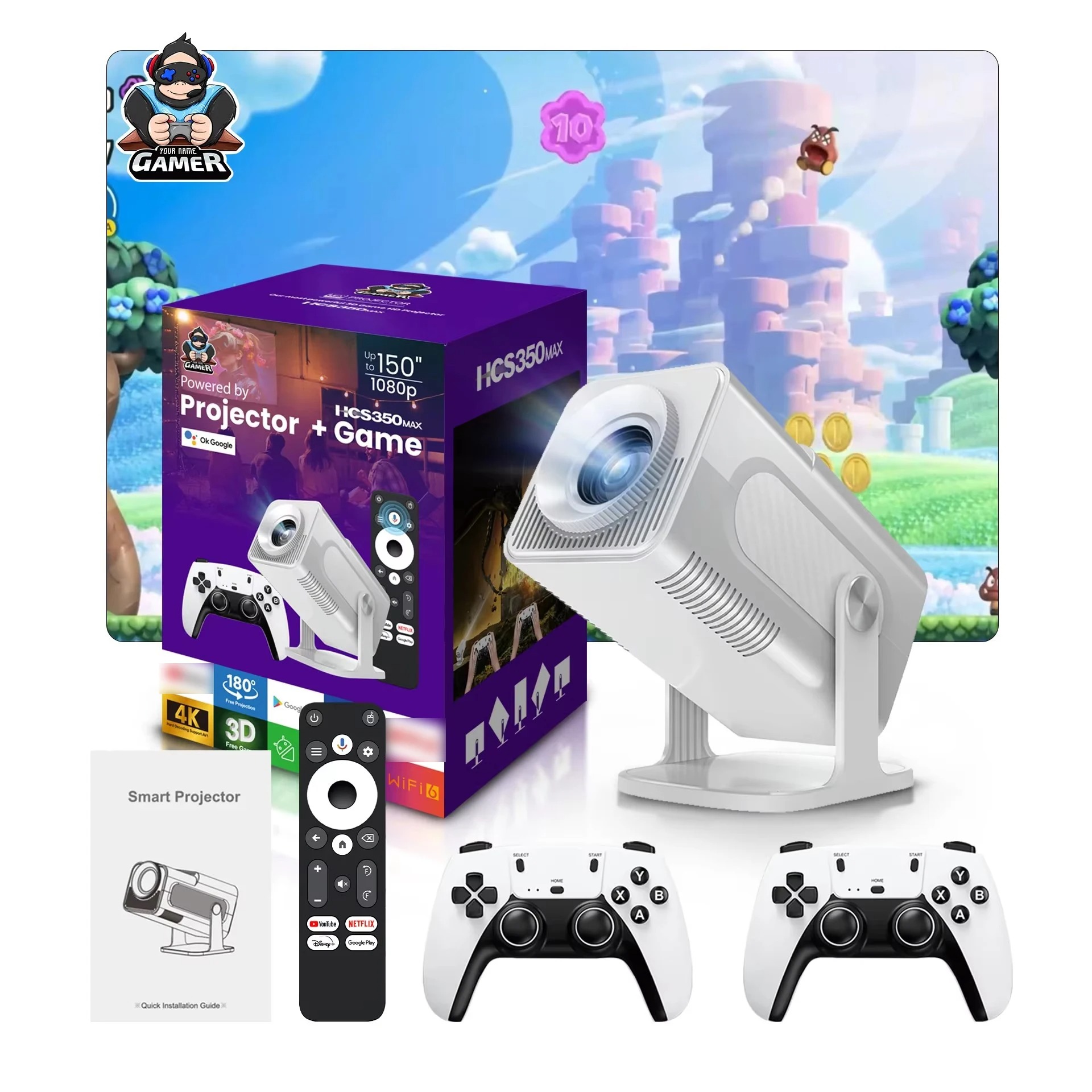 Projecteur 4K Home Cinéma HCS350MAX – Console de Jeux Portable avec Manette Sans Filimage 4