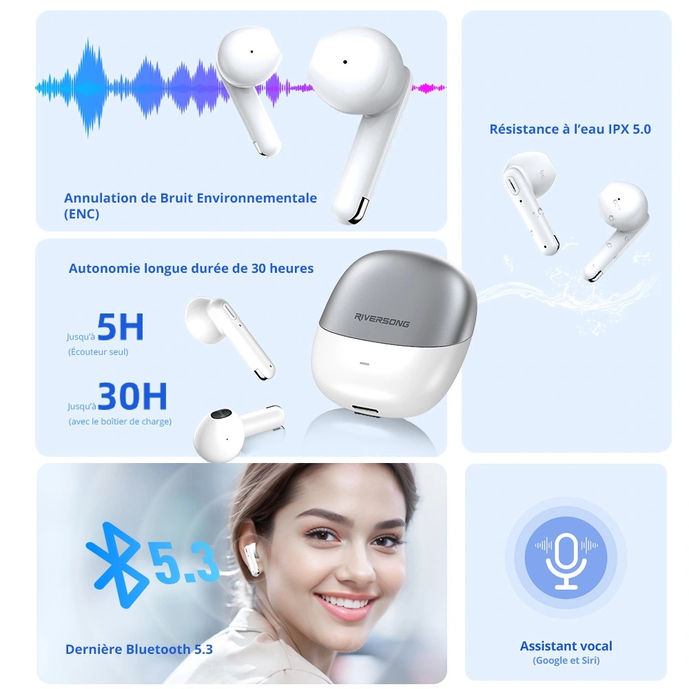 RIVERSONG Airfly L1 Écouteurs Sans Fil True Wireless (TWS) – Son HD, ENC pour Appels Clairs, 30h Autonomie image 3