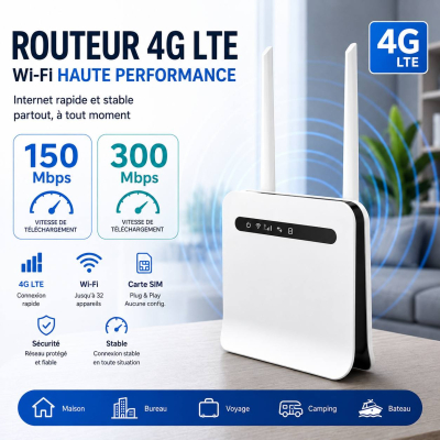 Routeur 4G LTE Portable Haute Performance – Rechargeable, Plug & Play, Port Carte SIM & Wi-Fi jusqu'à 32 Appareils