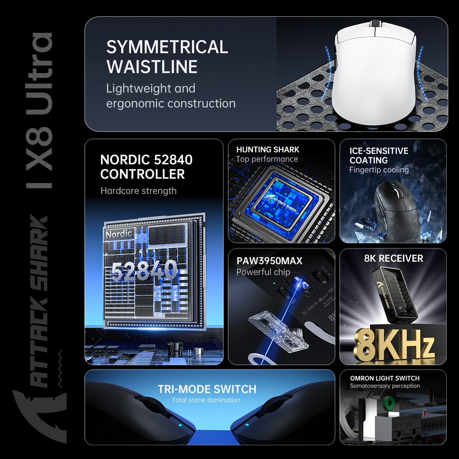 Souris Gamer Sans Fil ATTACK SHARK X8 Ultra 8KHz – Ultra-Légère 55g, Capteur PixArt PAW3950MAX & Switchs Omronimage-2
