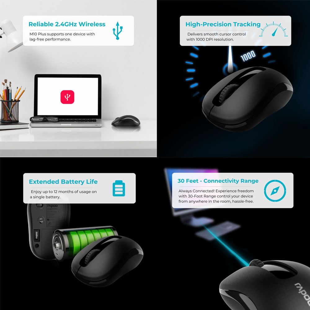 Souris Sans Fil Rapoo M10 Plus | Connexion 2,4 GHz & Capteur Optique 1000 DPI image 3