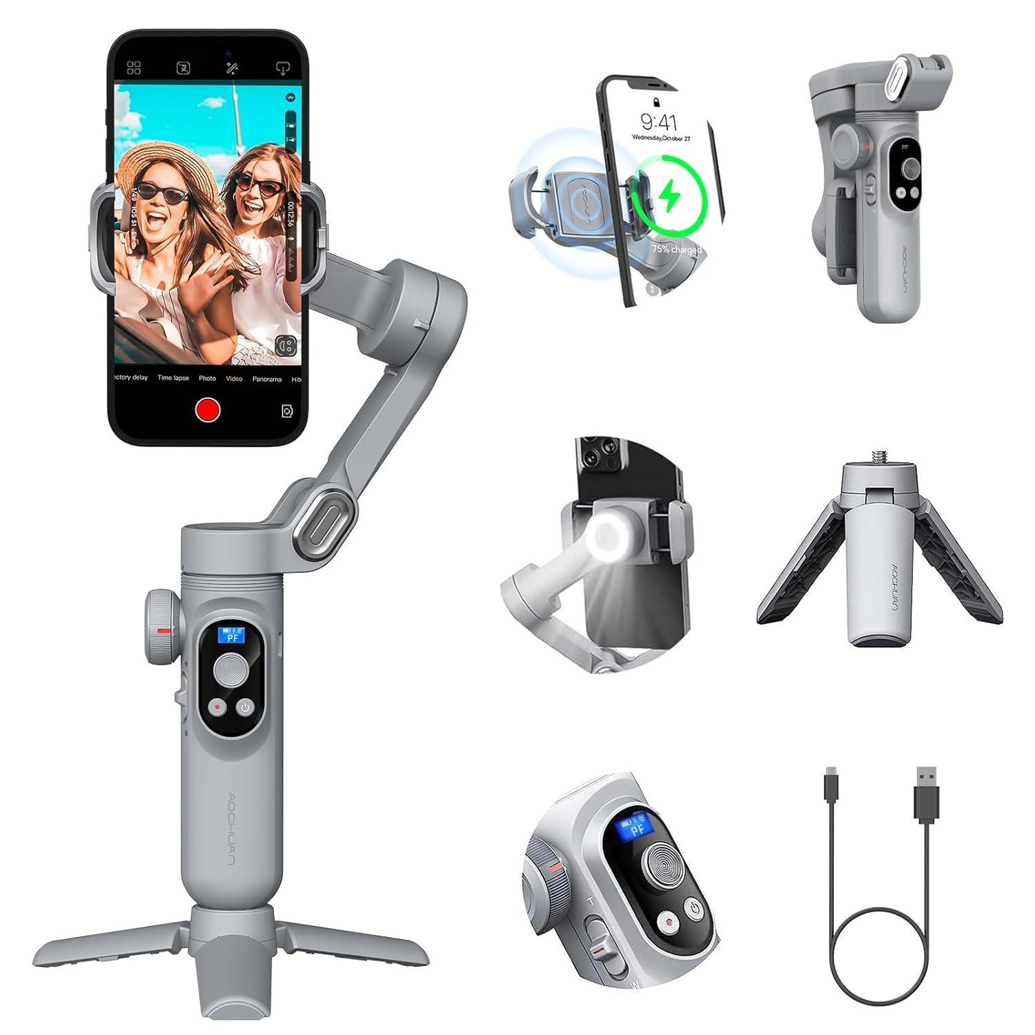 GENERALE - Stabilisateur Gimbal AOCHUAN Smart X 3 Axes – Pointeur Smartphone, LED Intégrée, Pliable, Idéal Vlogging TikTok YouTube