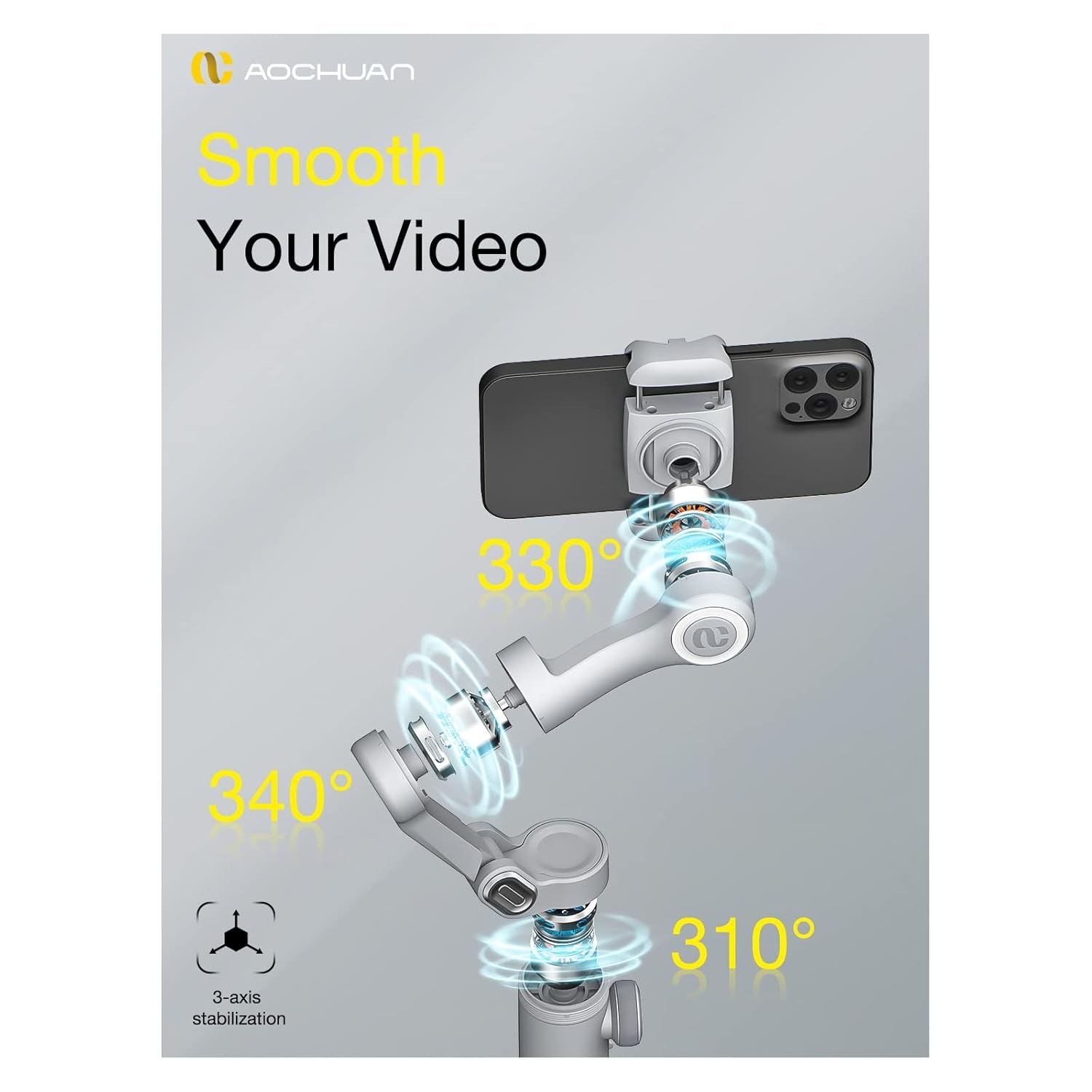 Stabilisateur Gimbal AOCHUAN Smart X 3 Axes – Pointeur Smartphone, LED Intégrée, Pliable, Idéal Vlogging TikTok YouTubeimage 4