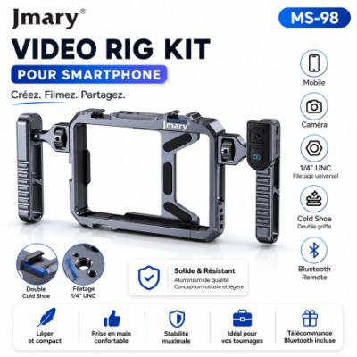 Stabilisateur Smartphone Tout-en-Un Jmary MS-98 (KM Technology) – Rig Vidéo Métallique avec Double Poignée, Micro & Lampe LED pour Vlogging