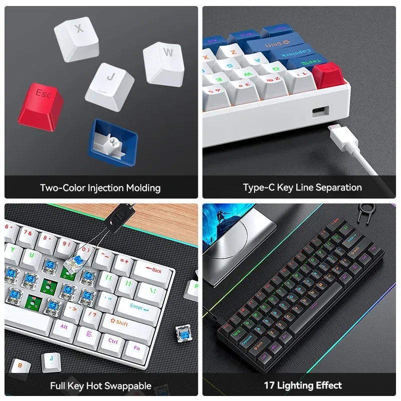 T-WOLF T60 Clavier Mécanique Gaming – Mini Clavier RGB 63 Touches & Hot-Swappable image 3