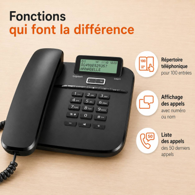 Téléphone Fixe Filaire Gigaset DA611 – Écran LCD, Identification de l'Appelant & Mains-Libres
