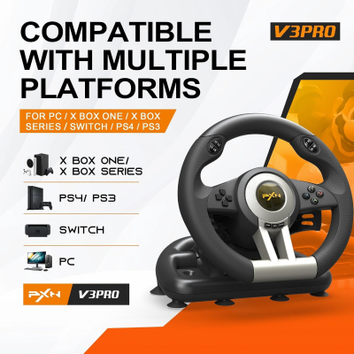 Volant de Course Gaming PXN V3 Pro avec Pédalier – PC, PS4, Xbox One, Switch, Levier de Vitesse & Palettes