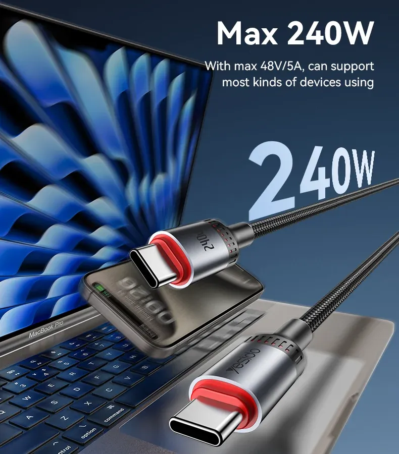 Yesido CA185 240W 1.2M Type-C to Type-C Cable – Câble de Charge Rapide Power Delivery 240W & Transfert de Données USB 2.0 image 3