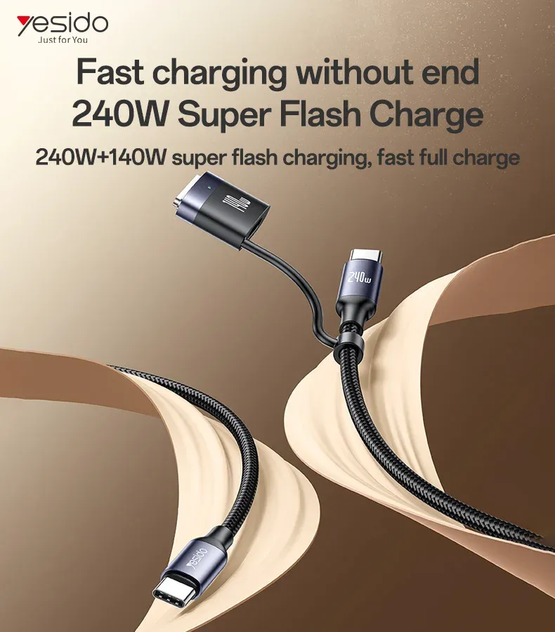 Yesido CA197 240W 2M Magnetic Type-C Cable – Câble de Charge Rapide Magnétique Type-C vers Type-C / Embout T 140W pour Laptopsimage 4
