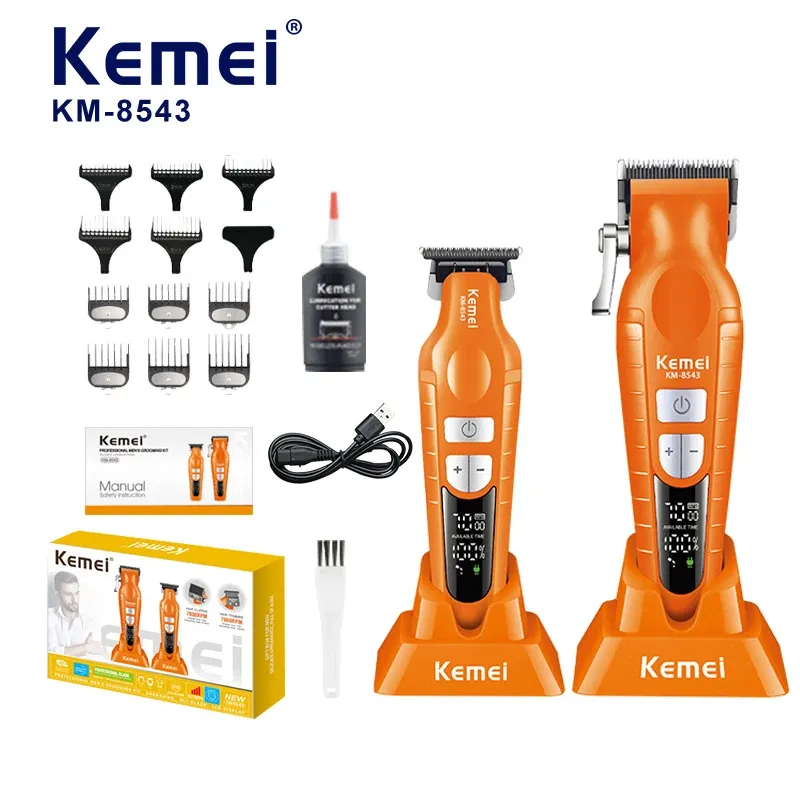 Kit Combo Tondeuse Kemei KM-8543 Mother & Child Set – 7500 RPM, Lame Métallurgie des Poudres & Socle de Charge