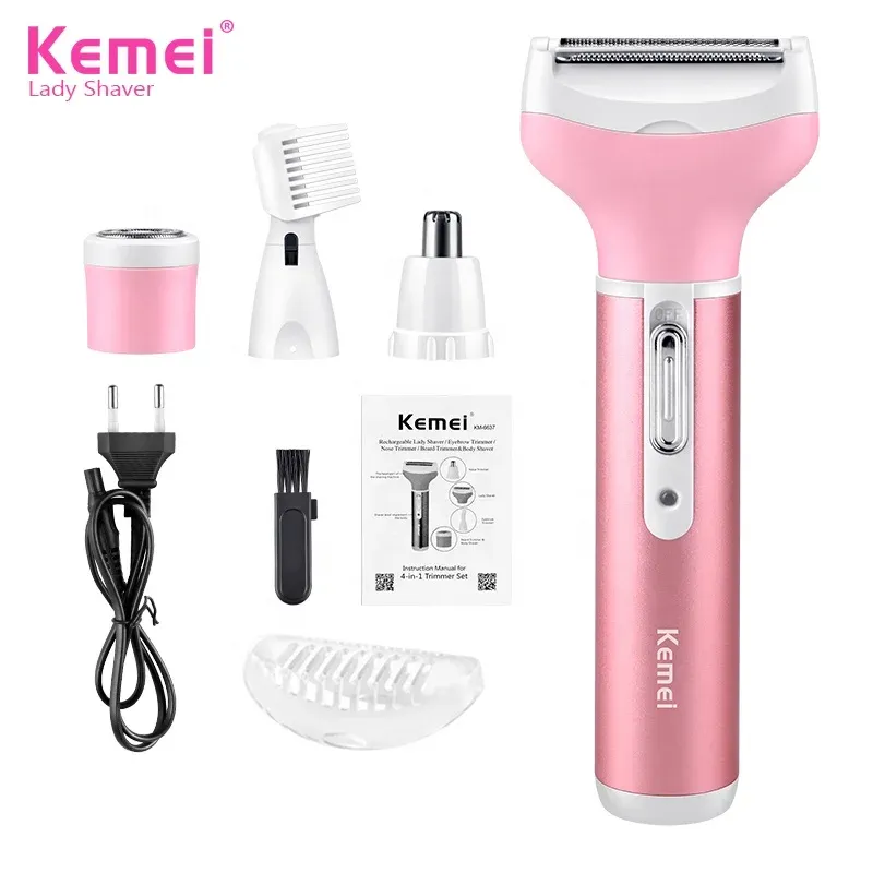 Kit Épilateur & Rasoir Électrique 4-en-1 Kemei KM-6637 – Épilation Visage, Sourcils, Nez & Corps pour Femmes