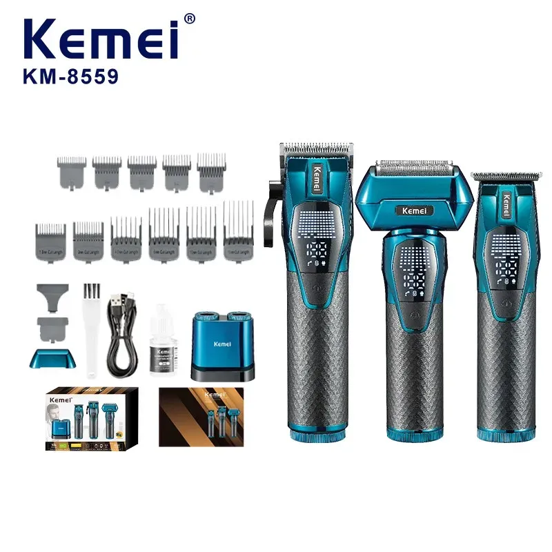 Kit Professionnel Barbier Kemei KM-8559 (3-en-1) – Tondeuse Coupe, Finition & Rasoir Grille avec Base de Charge image 1