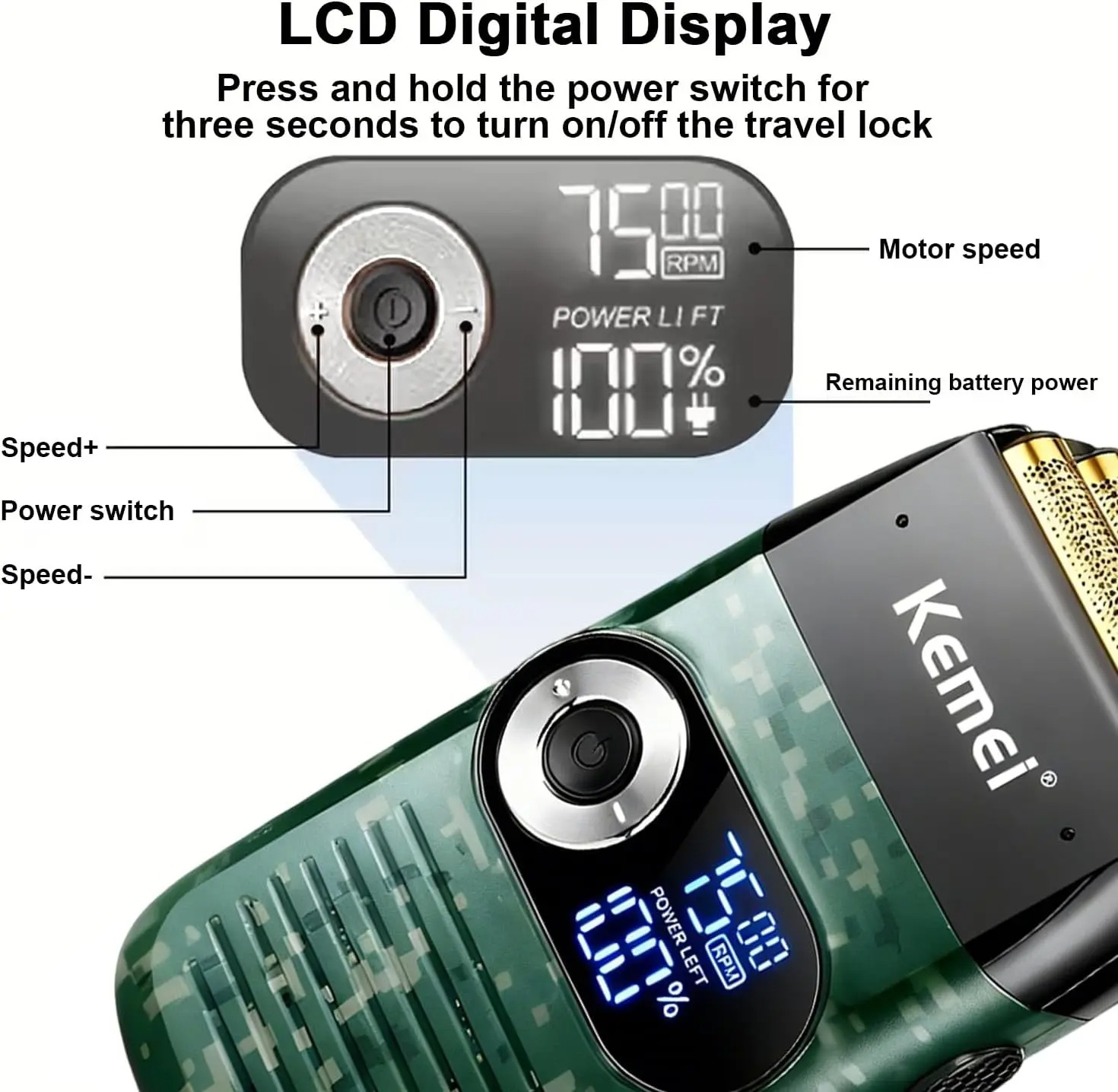 Rasoir Électrique Alternatif 2-en-1 Kemei KM-2026 / KM-2027 – Écran LCD, Tondeuse Pop-Up & Rechargeable USBimage 4