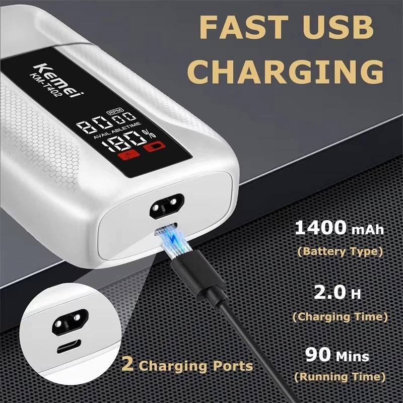 Rasoir Électrique Kemei KM-T402 – Moteur Ultra-Rapide 10000 TR/MIN, Étanche IPX7 & Écran LEDimage-2