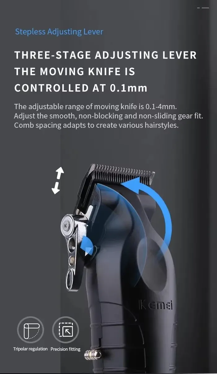 Tondeuse à Cheveux Professionnelle Kemei KM-2296 – Batterie Lithium 2500 mAh, Levier Ajustable & Sans Fil image 3