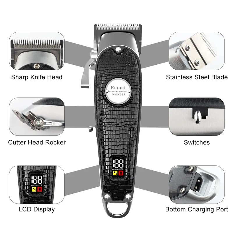 Tondeuse à Cheveux Professionnelle Kemei KM-K52s – Moteur Haute Vitesse, Écran LCD Digital & Rechargeable USBimage 4