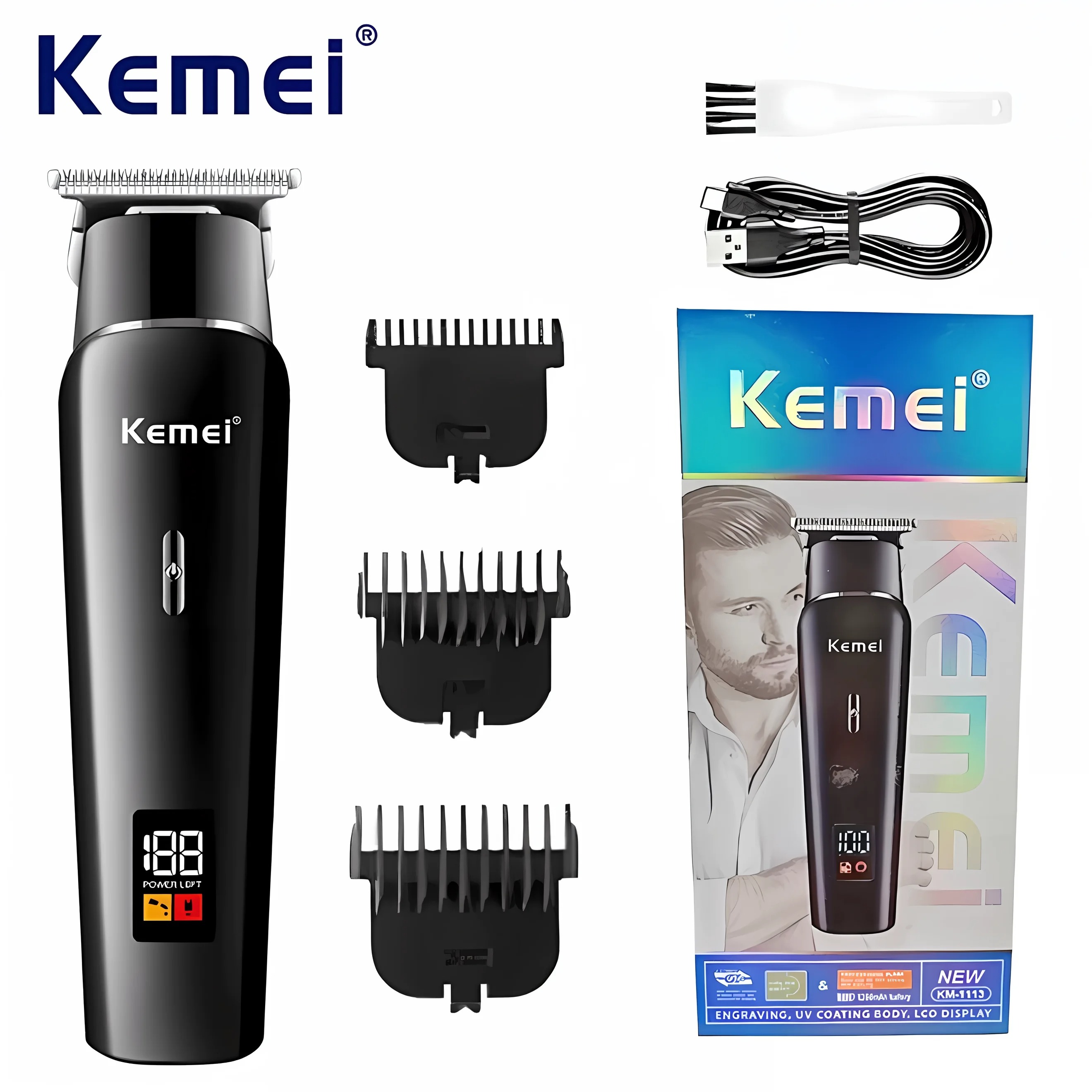 Tondeuse Barbier Tout-en-Un Kemei KM-1113 – Écran LED, Faible Bruit, Lame T-Blade Précision & Rechargeable