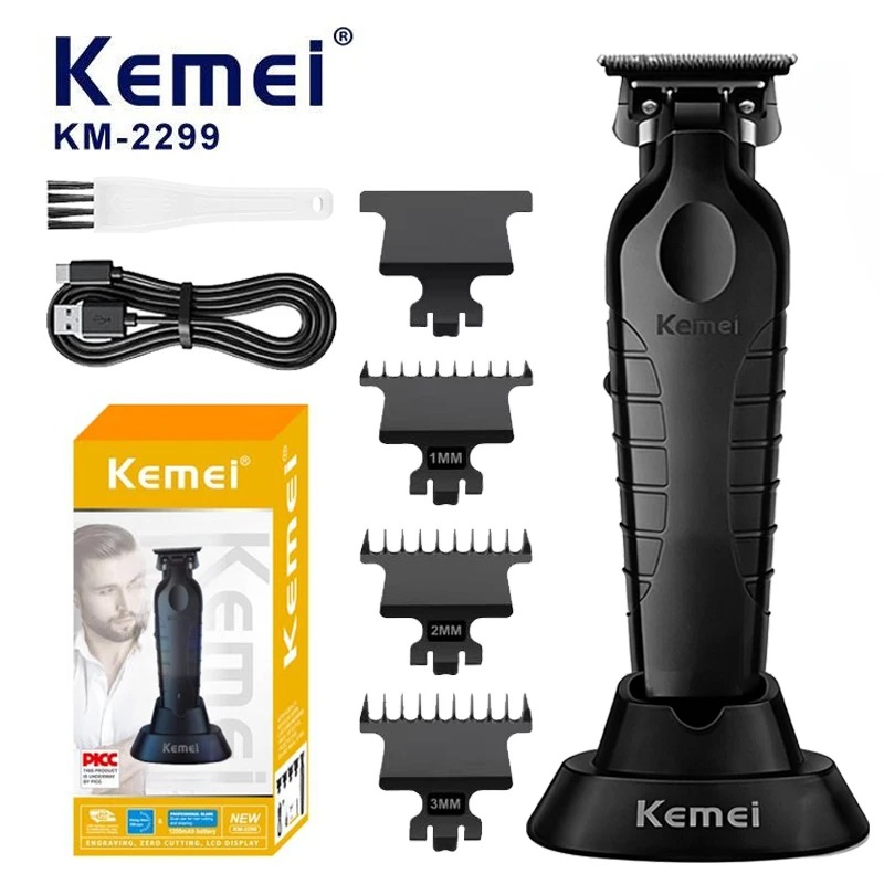 Tondeuse de Finition & Sculpture Kemei KM-2299D – Base de Charge, Lame T-Blade & Rechargeable USB