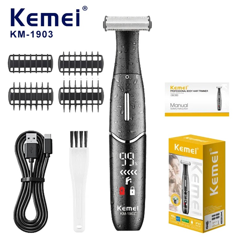 Kemei - Tondeuse et Rasoir Corporel Kemei KM-1903 – Double Lame Acier Inox, Étanche IPX5, Écran LED & USB