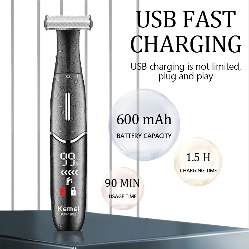 Tondeuse et Rasoir Corporel Kemei KM-1903 – Double Lame Acier Inox, Étanche IPX5, Écran LED & USBimage 4