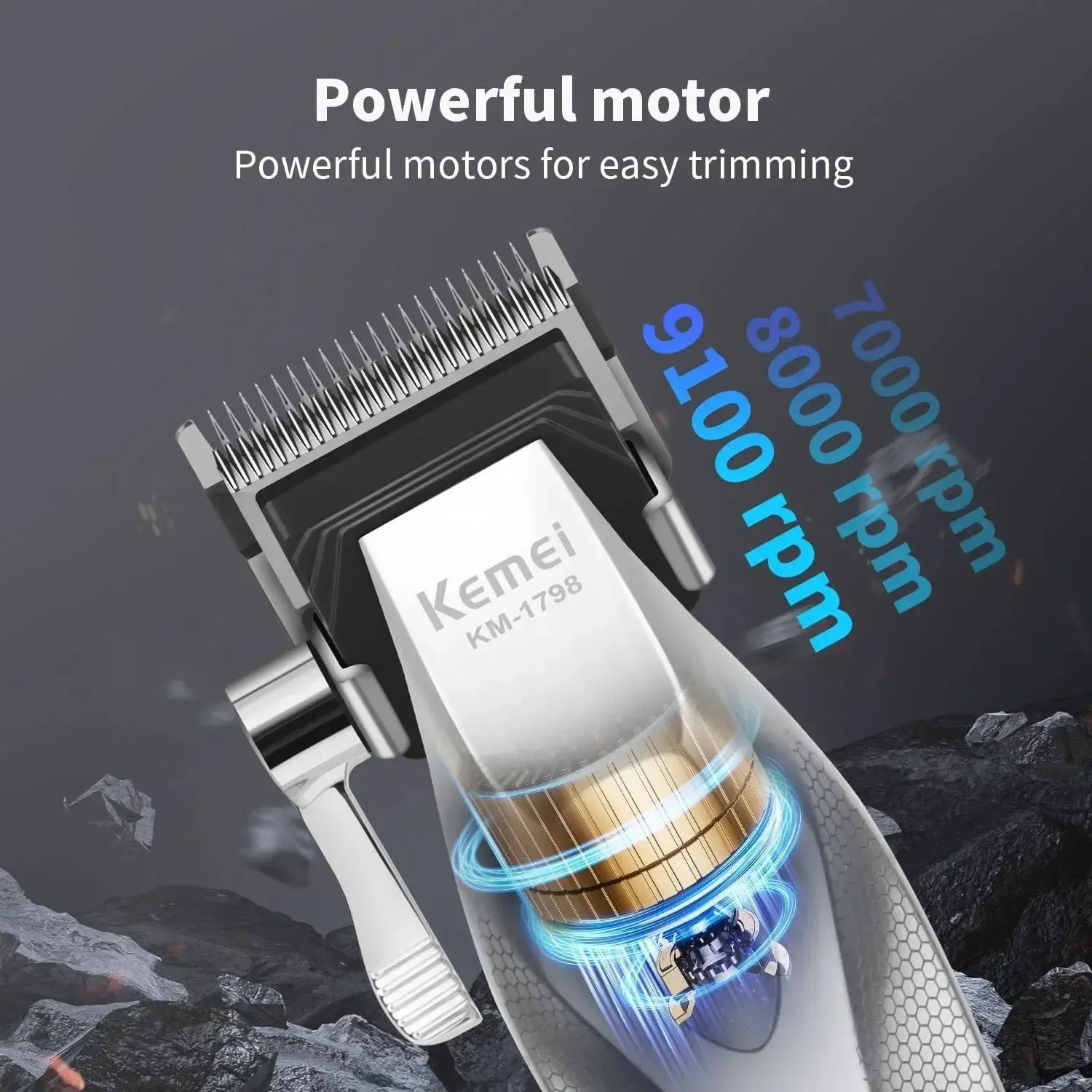 Tondeuse Professionnelle Full Métal Kemei KM-1798 – Lame Revêtement DLC, Moteur 9000 TR/MIN & Socle de Charge USBimage-2