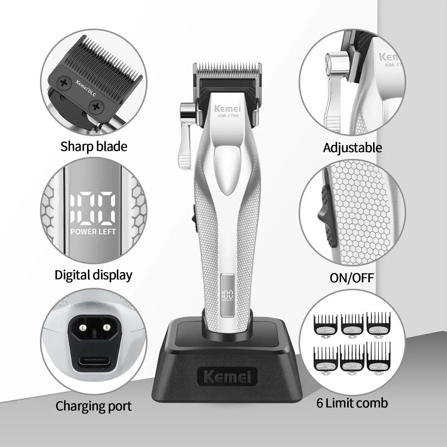 Tondeuse Professionnelle Full Métal Kemei KM-1798 – Lame Revêtement DLC, Moteur 9000 TR/MIN & Socle de Charge USB image 3