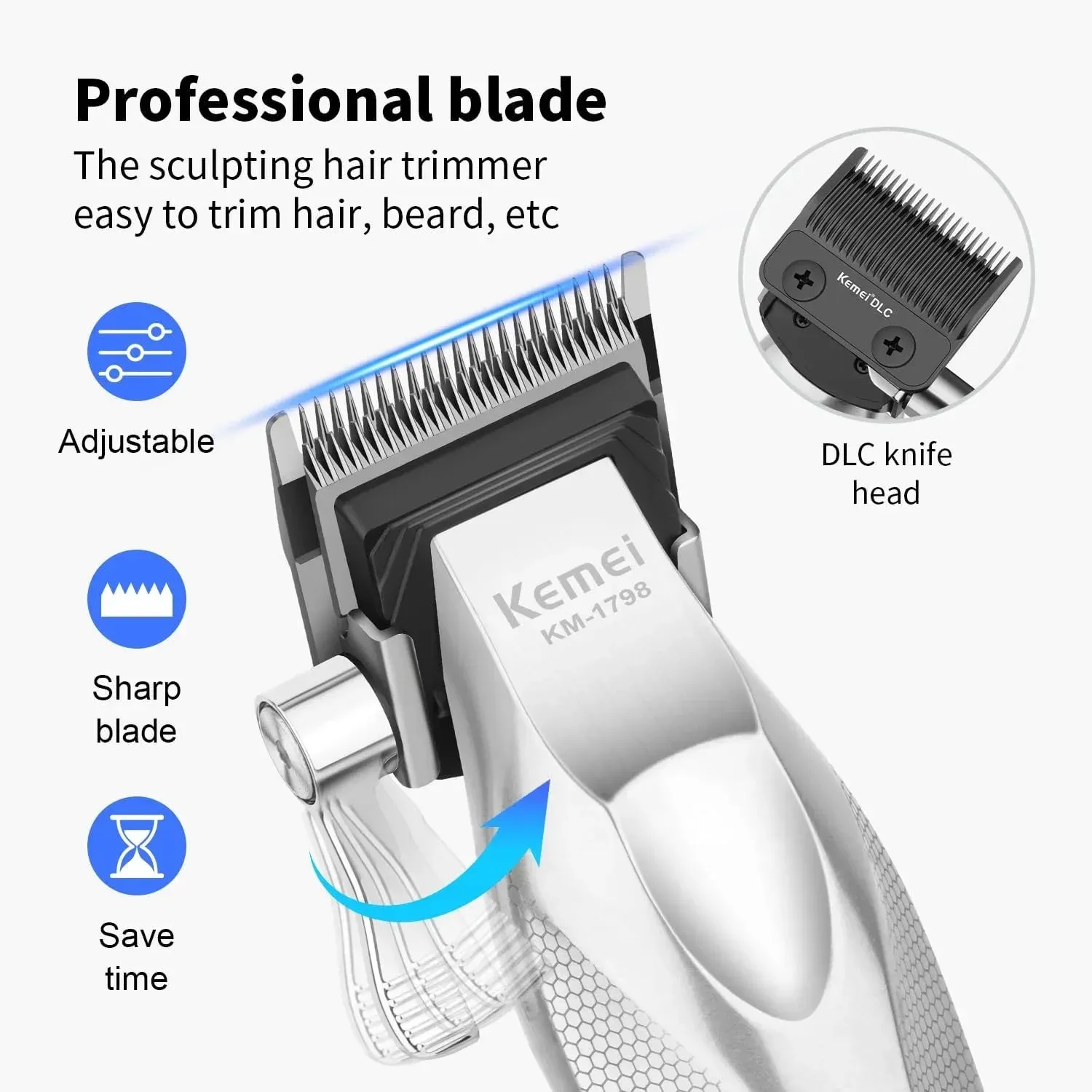 Tondeuse Professionnelle Full Métal Kemei KM-1798 – Lame Revêtement DLC, Moteur 9000 TR/MIN & Socle de Charge USBimage 4