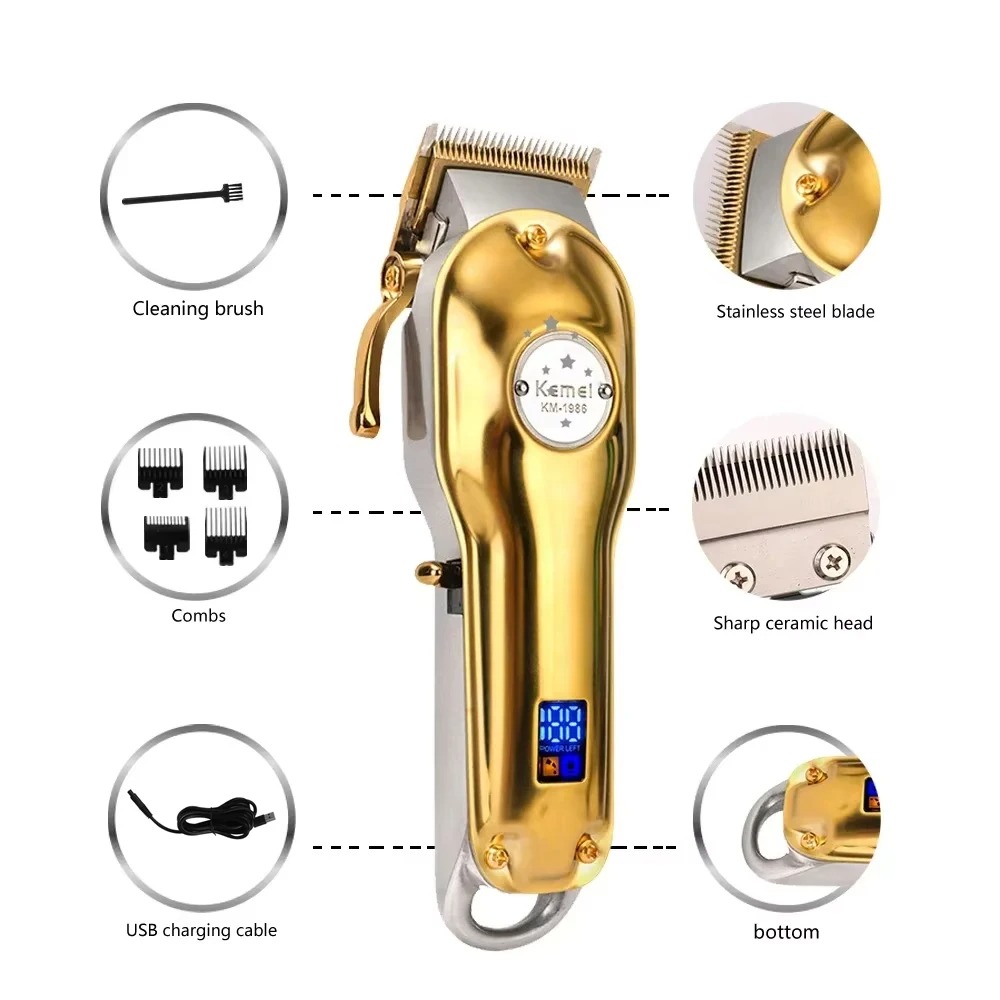 Tondeuse Professionnelle Kemei KM-1986 Or / Argent – Boîtier Tout Métal, Rechargeable USB & Moteur Puissant image 3
