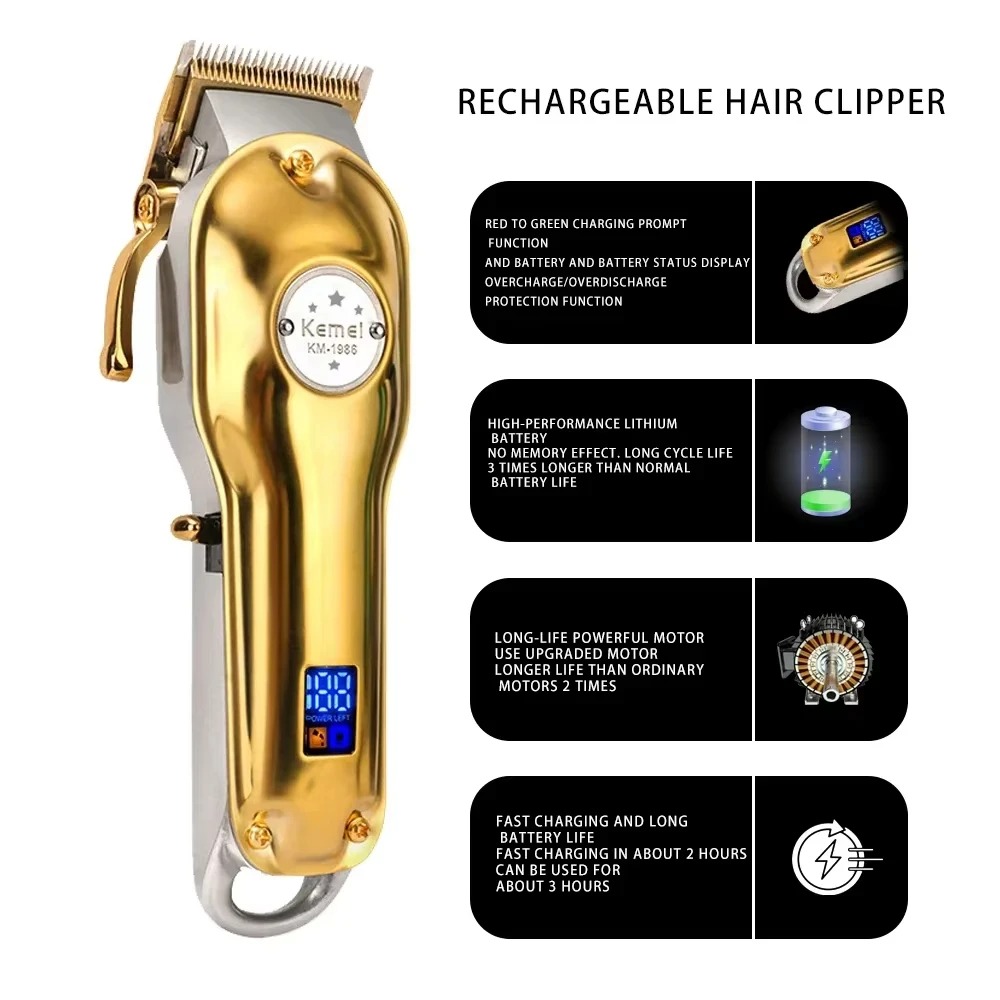 Tondeuse Professionnelle Kemei KM-1986 Or / Argent – Boîtier Tout Métal, Rechargeable USB & Moteur Puissantimage 4