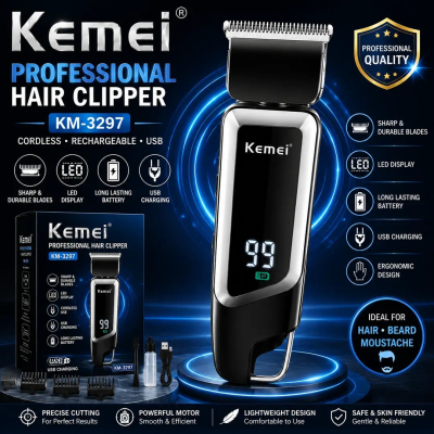 Tondeuse Professionnelle Kemei KM-3297 – Écran LED Digital, Lames Acier Inox & Charge USB