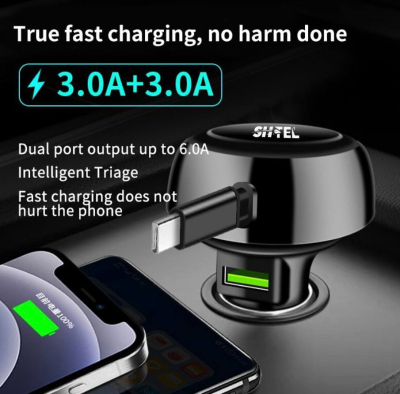 SHTEL - Chargeur Voiture SHTEL 48W – Charge Ultra-Rapide avec Câble Type-C Intégré – Double Port.